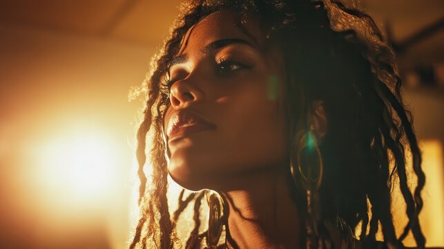 A striking image of a woman with dreadlocks beautifully illuminated by dramatic light, highlighting her unique features and exuding an air of confidence and grace.