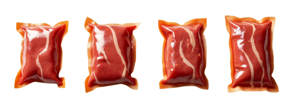 A set of four pieces of meat wrapped in plastic