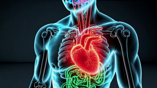 Medical illustration showing colorful organs inside a translucent male human body, highlighting brain, heart, lungs, and intestines, providing insights into human anatomy and physiology