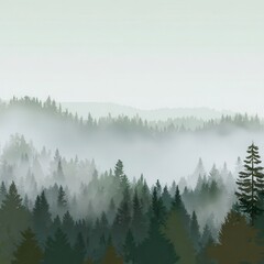 Naklejka premium Misty mountain range with dense coniferous forest.