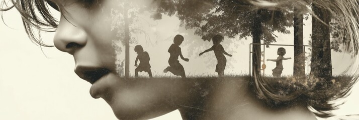 Child reflecting on playing children in nature