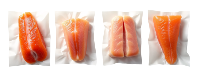 A set of four different views of a piece of salmon in a plastic bag.