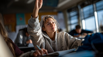 Obraz premium A student raises her hand in class, eager to participate. Sunlight streams in, highlighting her focused expression. Learning in progress.
