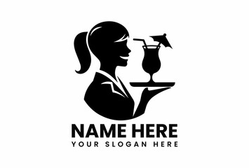 Stylized black vector logo of a smiling waitress holding tray with cocktail for hospitality business branding  
