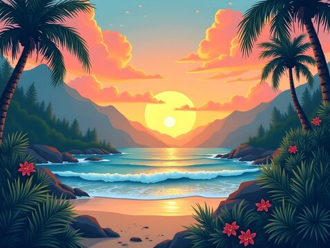 Summer time summer hot Serene mountain forest beach banner template perfect for tropical-inspired designs and sunset illustrations