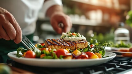 An elegantly plated gourmet dish featuring grilled fish on a bed of vibrant salad, representing the fusion of flavors and art in culinary presentation and fresh ingredients.