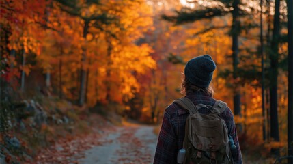 Hiker Woman Wearing Beanie Backpack Walking in Autumn Forest Scenic Trail