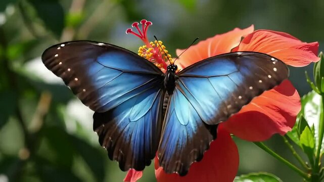 Close-up of a butterfly gently flapping wings on a flower, vibrant colors and soft sunlight in a cinematic atmosphere. Created with generated AI.