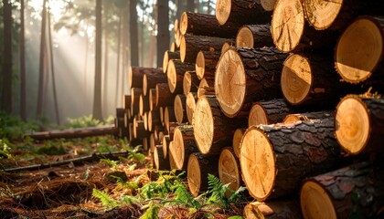Freshly cut timber logs stacked in a forest clearing representing forestry, sustainable wood industry, and resource management during early morning light