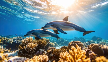Fototapeta premium Two dolphins swimming through coral reefs in clear ocean water representing marine life, biodiversity, freedom, and harmony with nature