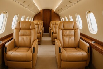 row of leather seats in private jet cabin.