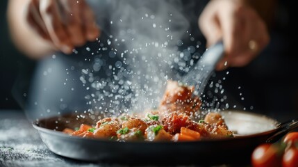 A close-up of hands preparing a delicious meal, with spices and fresh ingredients flying through the air, showcasing the art and beauty of cooking in vibrant colors.
