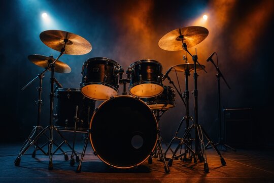 drum set on stage with lights shining in background.