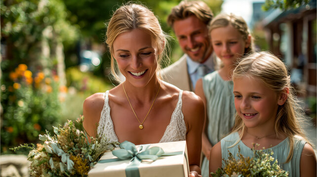 Bride smiles holding a gift with family in the background during an outdoor celebration in natural light. Serene, loving moment. - Powered by Adobe