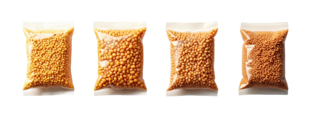 four bags of mustard seeds on a white background