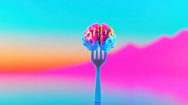 Colorful brain on a fork with a vibrant background in a surreal setting