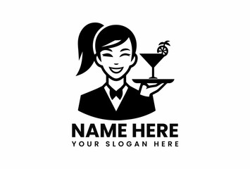 Black stylized vector logo design featuring smiling female waitress with cocktail tray for bar or restaurant  