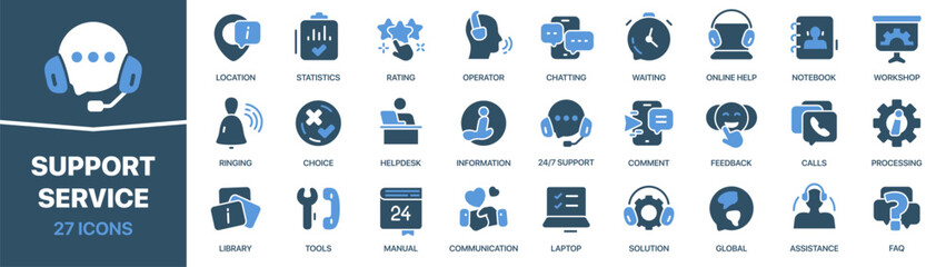 Support service colored signed icon collection. Operator, rating, help, manual, assistance icons. UI icon set. Colored icons pack. Vector illustration