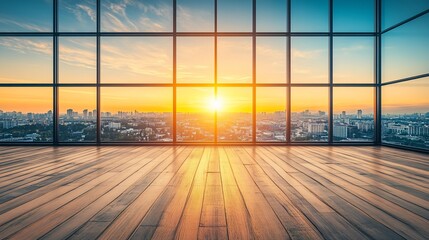 Fototapeta premium Empty office space with city sunset view. Possible use Business, Architecture, Interior design