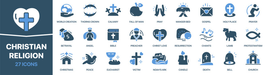 Christian religion colored signed icon collection. Pray, gospel, angel, bible, church icons. UI icon set. Colored icons pack. Vector illustration