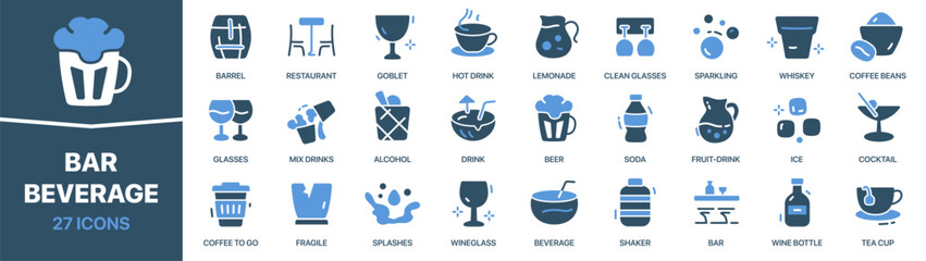 Bar and beverage colored signed icon collection. Barrel, drink, whiskey, glasses, alcohol, beer icons. UI icon set. Colored icons pack. Vector illustration