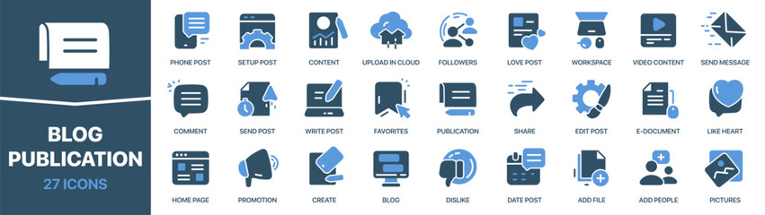 Blog and publication colored signed icon collection. Post, social media, comment, document icons. UI icon set. Colored icons pack. Vector illustration