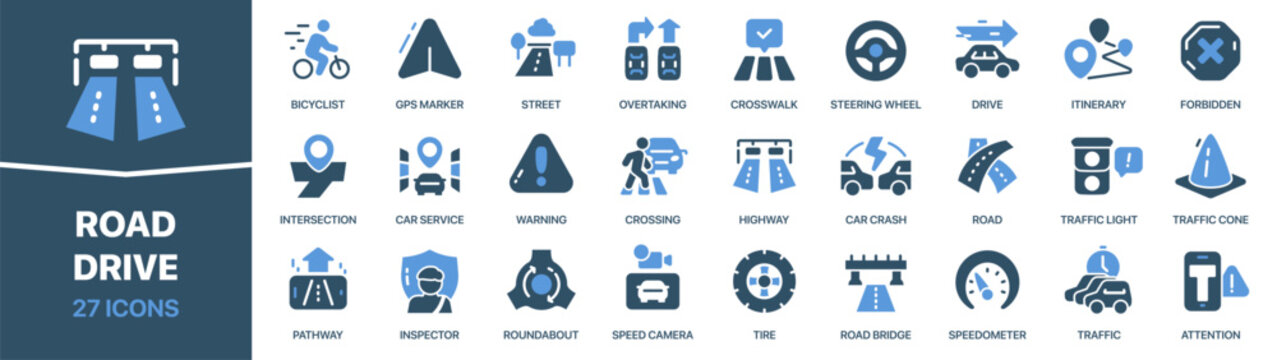 Road and drive colored signed icon collection. Traffic, street, crossing, inspector, speedometer icons. UI icon set. Colored icons pack. Vector illustration