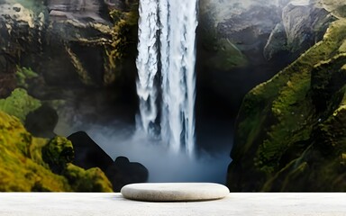 Nature backround for product placement, 3D waterfall landscape mockup backdrop for product and cosmetic presentation, backdrop photo for package or packaging box container