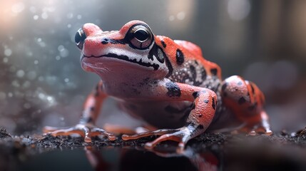 A close-up of a vividly colored red frog adorned with dark patterns, showcasing its unique features and enchanting presence in a captivating natural environment.