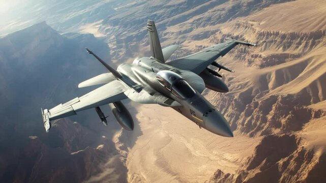 Fighter Jet Flying Over Desert Landscape in a Majestic Aerial Display of Power