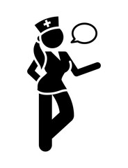healthcare worker talking clip art icon symbol, beautiful female nurse gives advice, medical occupation, announcement message, isolated flat vector illustration