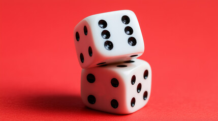 Two white dice are stacked on top of each other on a red background. Concept of anticipation and excitement, as if someone is about to roll the dice and see the outcome
