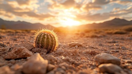A vibrant sunset over a solitary cactus in a desert landscape, capturing the beauty of nature and resilience in the face of harsh conditions.