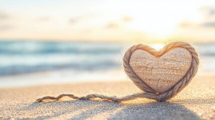 Fototapeta premium Heart-shaped decoration on sandy beach with sunset in background