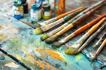 Premium Quality Picture of Painting Watercolor and Brushes at Art Workplace