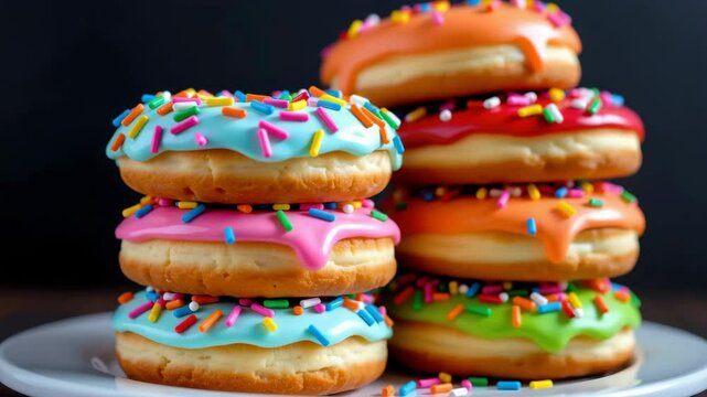 A stack of colorful donuts with bright icing and rainbow sprinkles arranged on a white plate against a dark background.