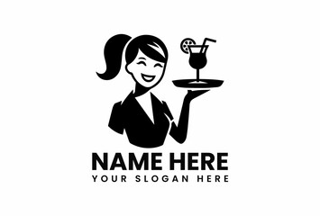 Elegant black vector logo of a happy waitress holding a cocktail tray for hospitality and food service branding  