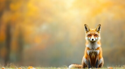 Fox sits calmly in an autumn forest, illuminated by soft golden light