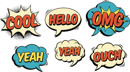 A colorful collection of retro comic speech bubbles with various expressions in a vibrant pop art style. Each bubble contains a word such as 'Cool', 'Hello', 'OMG', 'Yeah', and 'Ouch'