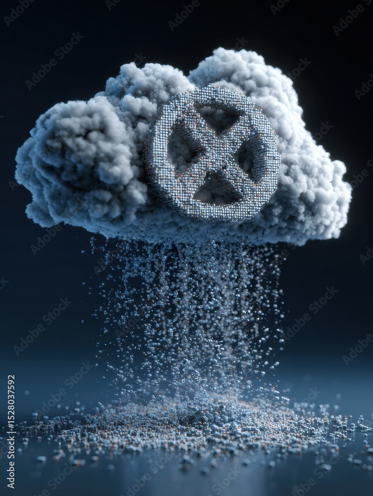 Poster Cloud System Error Symbol Dissolving Into Particles With a Soft Upper Margin in a Dark Background