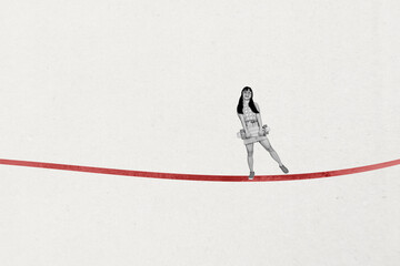Banner 3d art pop image collage of happy businesswoman businessman stand rope chain development aim...