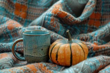 Premium Quality Picture of Pumpkins and Mug Near Blanket