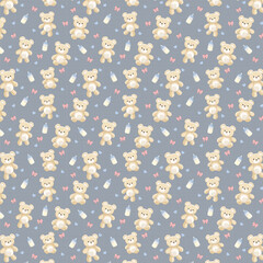 teddy bear with baby bottles and bows on light blue background
