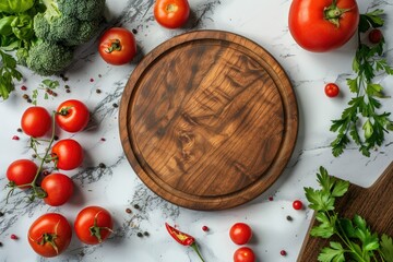 Detailed Color Picture of Elevated View of Fresh Vegetables and Wooden Plate