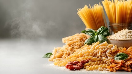 An enticing arrangement of different pasta types with fresh basil and tomato sauce garnishes, capturing the essence of Italian cuisine for food enthusiasts and stock images.