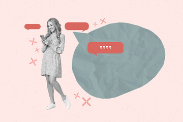 Creative trend collage of person use phone with big text box on pink background