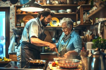 Vibrant Color Picture of Handyman Helping Senior Woman in Kitchen