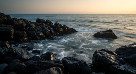 Rocky Coastline at Sunset: Sea and Stone Harmony