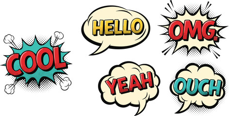 Obraz premium This illustration features a collection of speech bubbles in a dynamic comic book style. Each bubble contains a different exclamation, such as 'Cool,' 'Hello,' 'OMG,' 'Yeah,' and 'Ouch.'