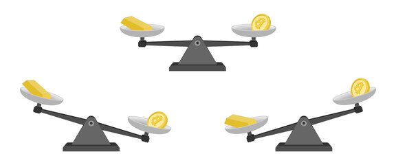balance scales with gold bar and bitcoin or cryptocurrency. vector illustration isolated on white background.